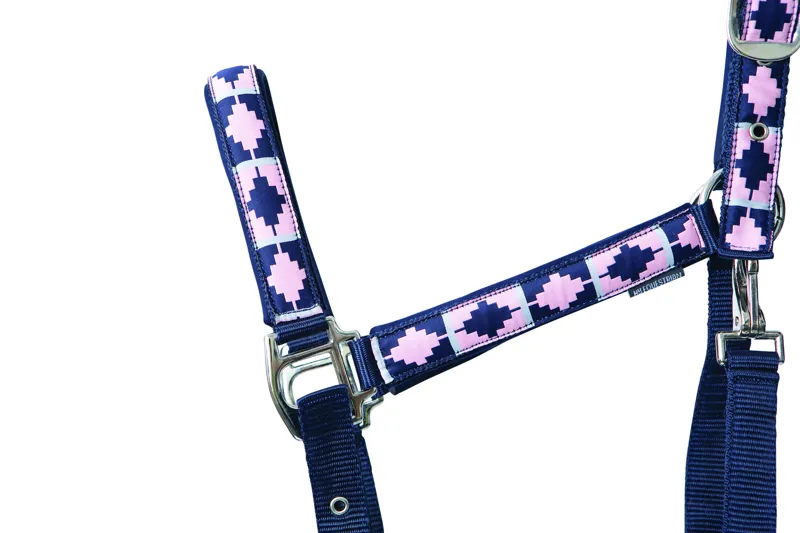 Hy Equestrian Woven Polo Head Collar And Lead Rope - Navy/Rose-1